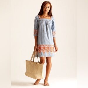Calypso St. Barth Cotton Blue Chambray Embroidered Boho Folk Square Neck Dress S